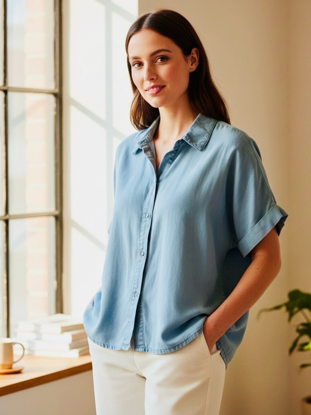 Soft Blue Short-Sleeve Button-Front Blouse